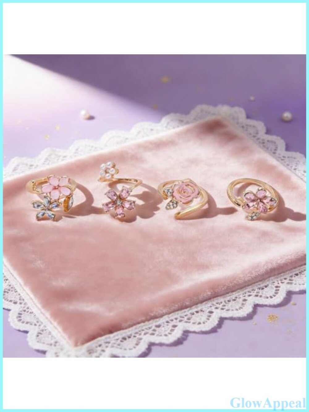 Stackable Flower Ring Set Rhinestone Pearl Floral Stacking Rings Jewelry Gift - Picture 5 of 6